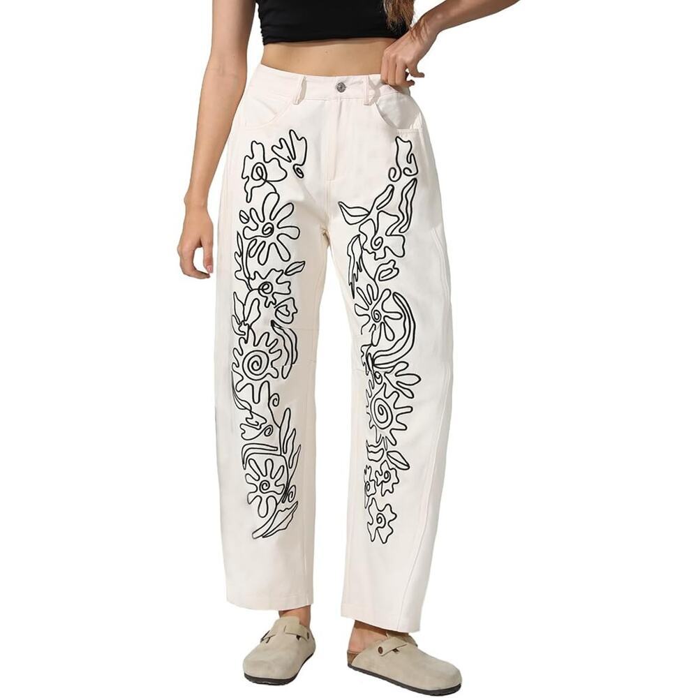 Women’s Straight Leg Jeans with Black Floral Line Art - Cream